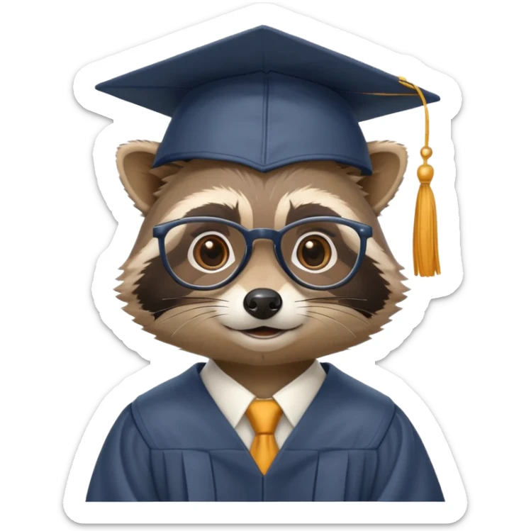 raccoon professor wearing glasses and academic cap, scholarly raccoon with graduation cap sticker