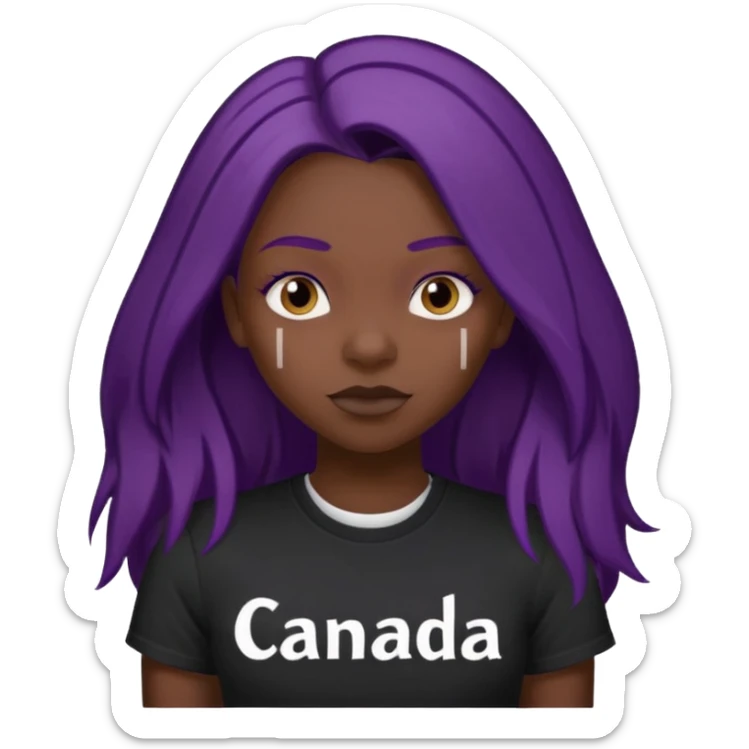 Girl with dark purple long hair black tshirt with a shoe " freaks canada " in white font letters sticker