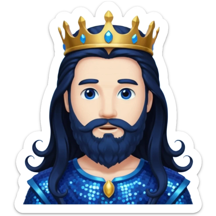 Neptune, King of the Sea from Gods and Goddesses with long black hair and beard, cobalt blue sequin outfit sticker