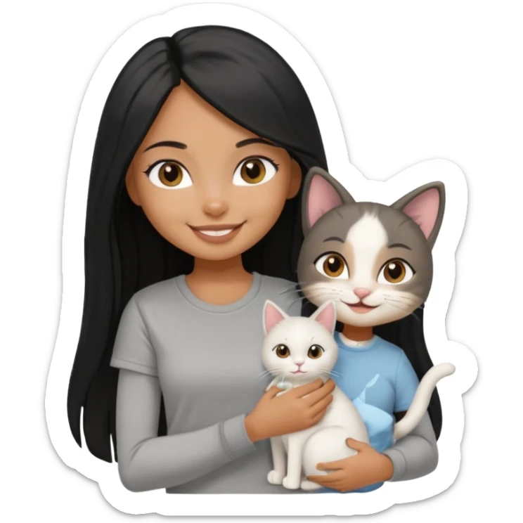 a pretty tan bratz girl with black long straight hair, wearing a grey tshirt smiling and holding a white cat\ sticker