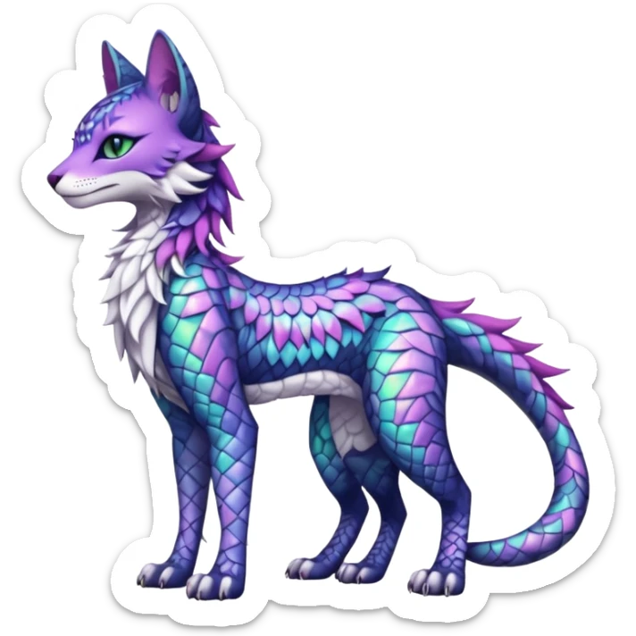 Kawaii iridescent beautiful pretty elegant divine edgy fantasy feline-vernid-sergal-fursona-animal-creature with accessories, full body with intricate pattern-markings  sticker