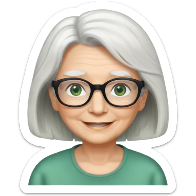 White hair grandma, green eyes, hair to shoulder, lokeg black glasses, rectangles face, smile , sticker