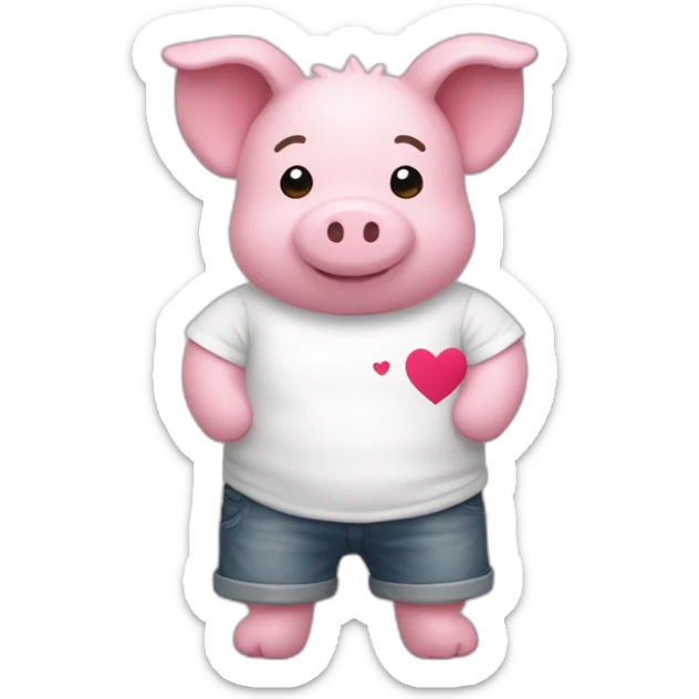 Un doudou cochon rose avec un t-shirt blanc avec un coeur sur son t-shirt  « i love Bretagne » sticker