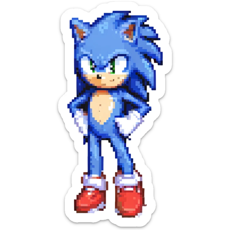 Sonic the Hedgehog in pixel art, standing on a green hill, blue fur, red and white shoes, white gloves, tan belly, palm trees and golden rings in the background, checkerboard terrain sticker