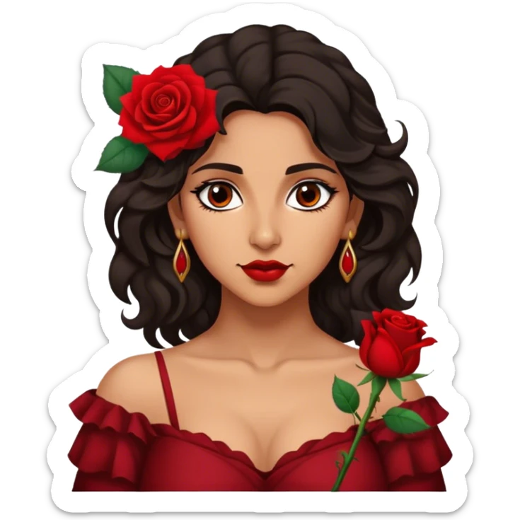 A Romani woman with dark wavy hair, a single red rose tucked behind one ear, and a confident gaze sticker