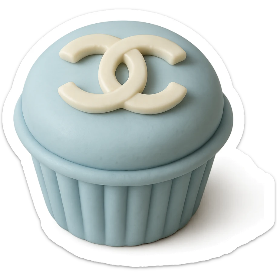 pastel blue Chanel cupcake with a white chocolate logo, elegant sticker