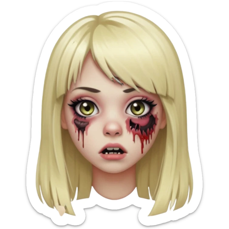 zombie girl emoji, long straight blonde hair, bangs, big lashes, eyeliner, subtle blush, mouth and ear piercings sticker