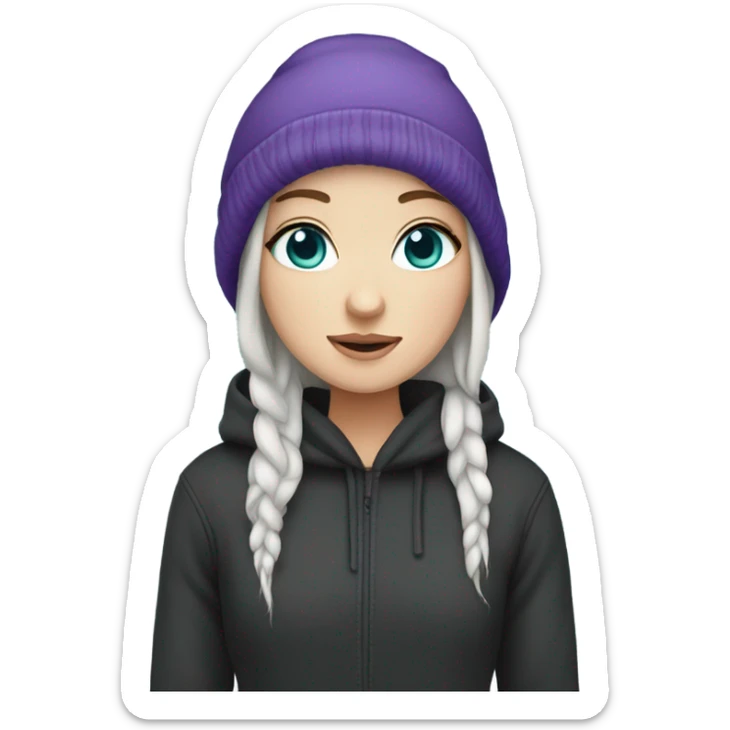 White girl, blue eyes, long teal hair, purple beanie hat, black hoodie sticker