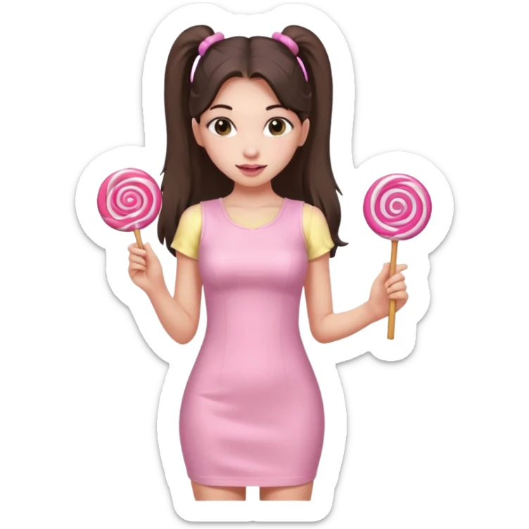 Girl with long dark ponytails wearing light pink bodycon dress holding a lollipop sticker