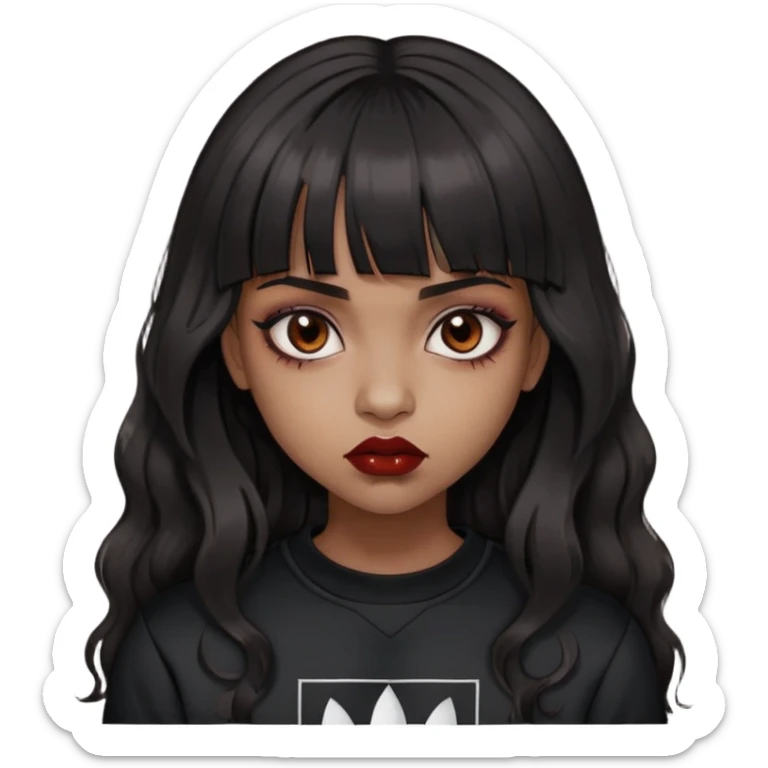Brown girl but not too dark, super black hair, wavy hair and straight bangs, brown eyes, vampiric or gothic appearance, a little blood only on the lips, skin tone is kind of brown, she's not that tanned, Long hair, black Adidas sweatshirt  sticker