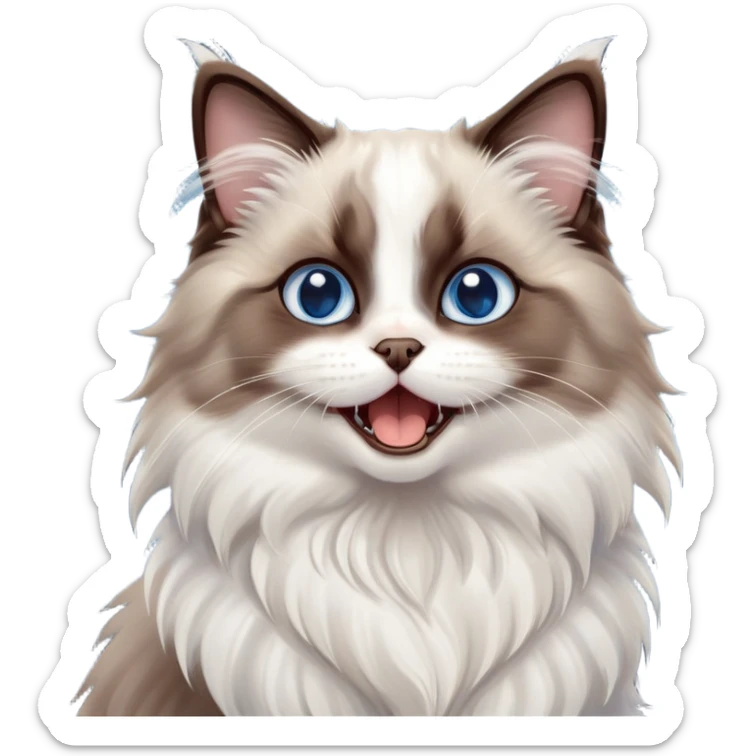 cinematic-adorable-big-eyed-fluffy-dark brown and white ragdoll-cat-portrait-emoji,-head-tilted-playfully-with-a-cute,-yawn,-soft-brown-and white-colored-fur-with-darker-points-on-the-ears,-simplified-yet-irresistibly-cute-features, sparkling blue eyes sticker