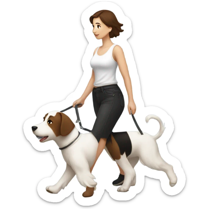 Woman with short brown hair in black tanktop walking one large white terrier sticker