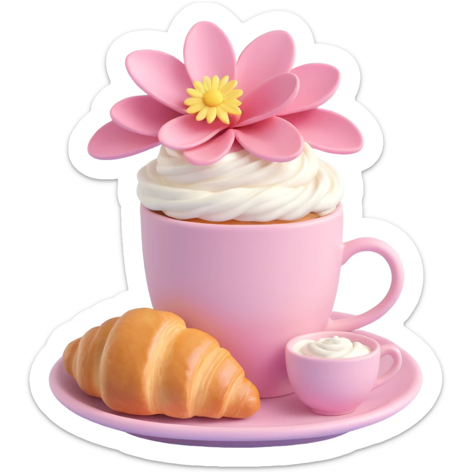 pastel pink coffee cup with a flower and bow, on a saucer, next to a croissant with white icing, white background sticker