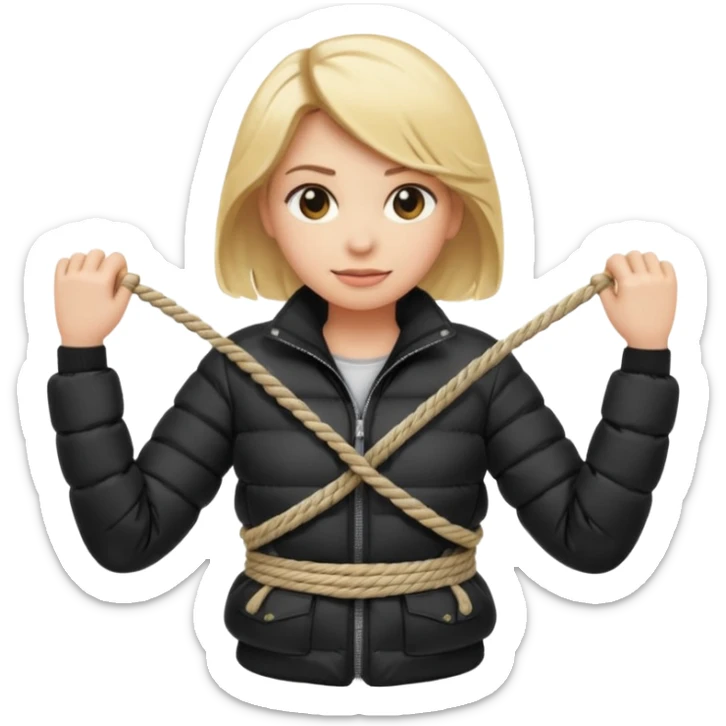 blond female emoji wearing a black down jacket, arms behind the back and ropes tying it sticker