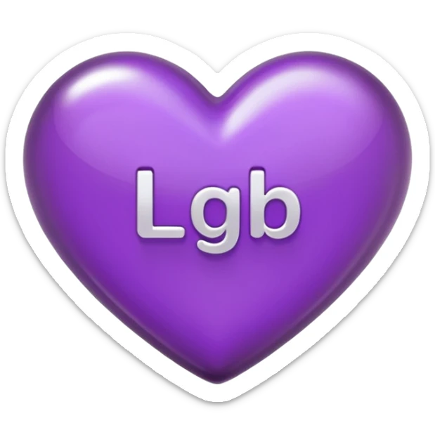A photograph of a high-quality 3D purple heart-shaped emoji with a polished, glossy finish.The texture is smooth and candy-like, with a glass-like sheen that gives it a modern, high-end aesthetic. Add text as "LGB" in centre of heart sticker
