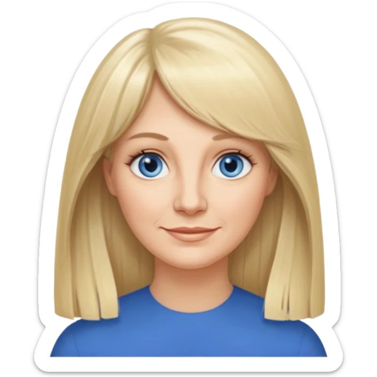 50 yr old white woman, curtain bangs, very long straight blond hair, oval face, small smile, blue eyes, thin face, hair down to elbows, round cheeks, pale, longer hair sticker