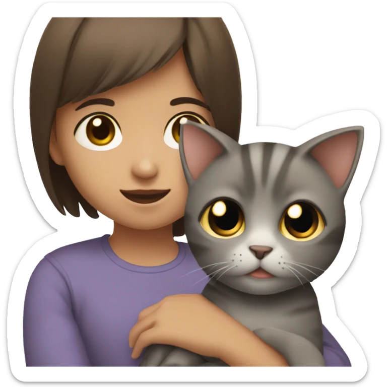 little girl with short brown hair and big brown eyes holding a gray cat in her hands sticker