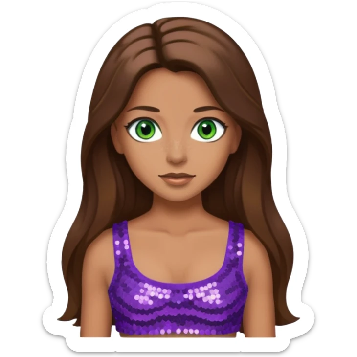 Teresa from Barbie & Friends with green eyes, long brown hair, lilac sequin crop top sticker