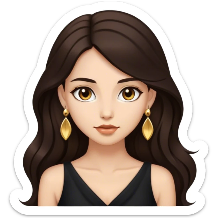 Beautiful woman,cute, long dark brown hair in dark dress with gold earrings sticker