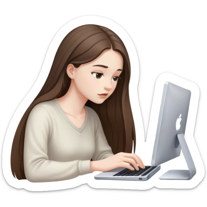 beautiful pale brunette girl with long hair editing photos on her computer looking down sticker