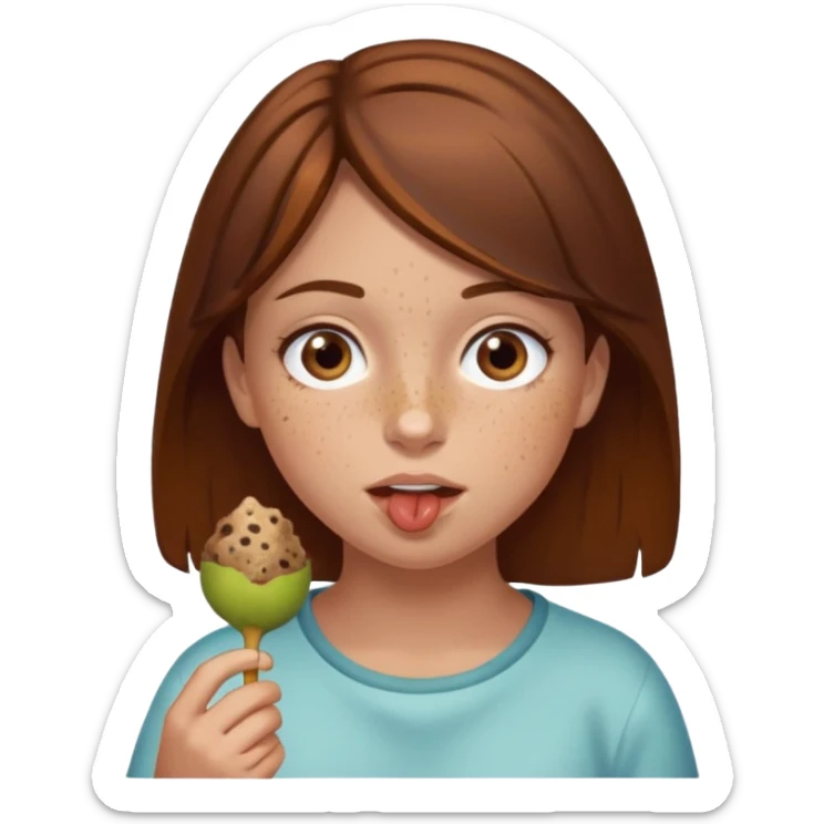 Brown hair girl with brown eyes and freckles eating poo sticker