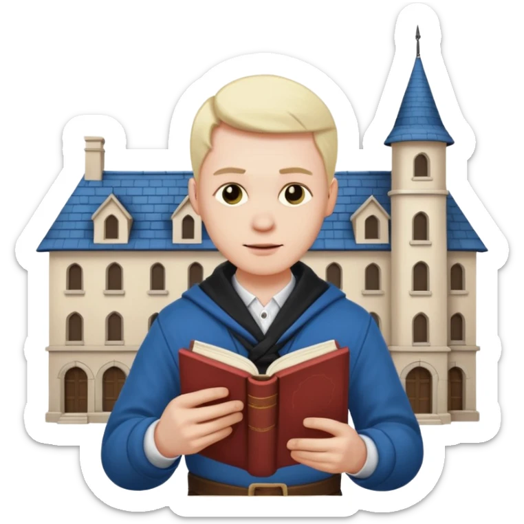 a man in clan clothes reads a book and twists a building in his hand  sticker