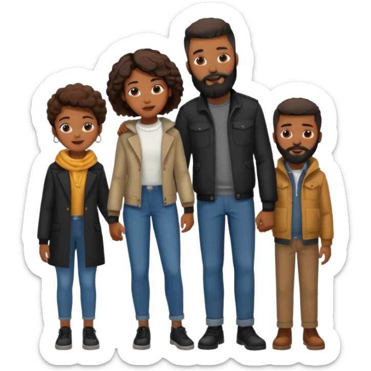A loving black family of four (4). With a mother,  a little brother, a 15 yr old daughter, and a father with a full beard, all dressed in urban chic clothing sticker