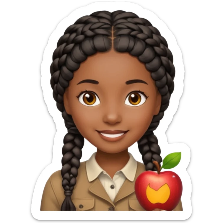 smiling black girl with black braided hair and warm brown eyes, close-up face only, very polished and attractive, Apple emoji style sticker