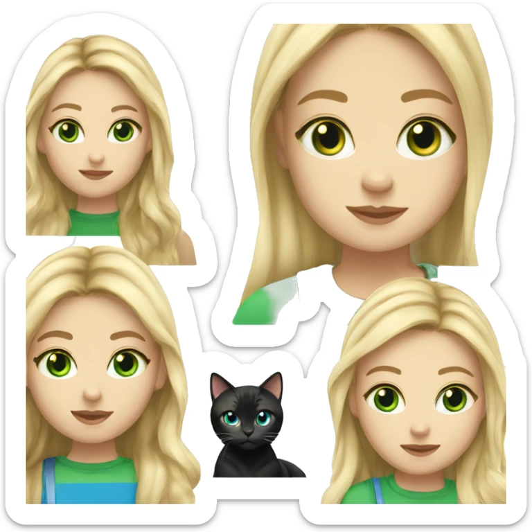 girl , blue eyes, with flowing blond hair and black tabby cat with green eyes sticker
