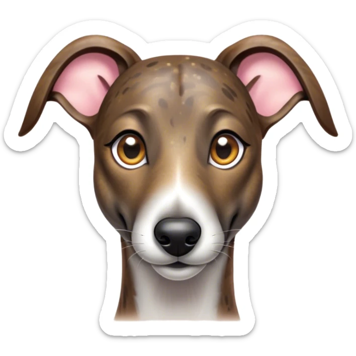 Cinematic Cute Brindle Greyhound Portrait Emoji, Head tilted playfully and inquisitively, featuring a sleek brindle Fur with subtle variations and round, sparkling eyes filled with curiosity, Simplified yet irresistibly adorable features, highly detailed, glowing with a warm, friendly glow, high shine, affectionate and nimble, stylized with a touch of whimsy, bright and endearing, soft glowing outline, capturing the essence of a mischievous yet loving companion, so playful it feels like it could sprint out of the screen and into your arms! sticker