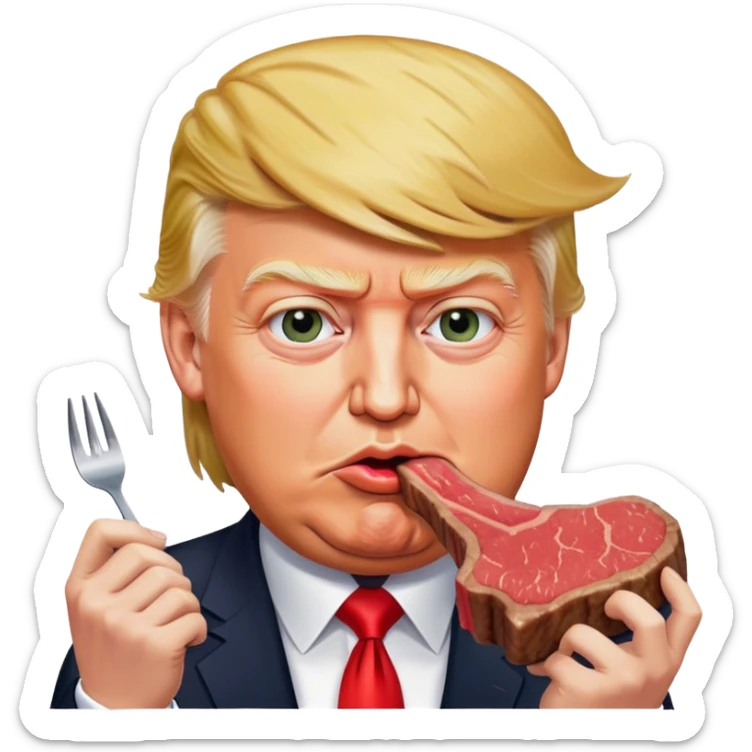 photorealistic Donald Trump eating a steak shaped like an piece of land sticker