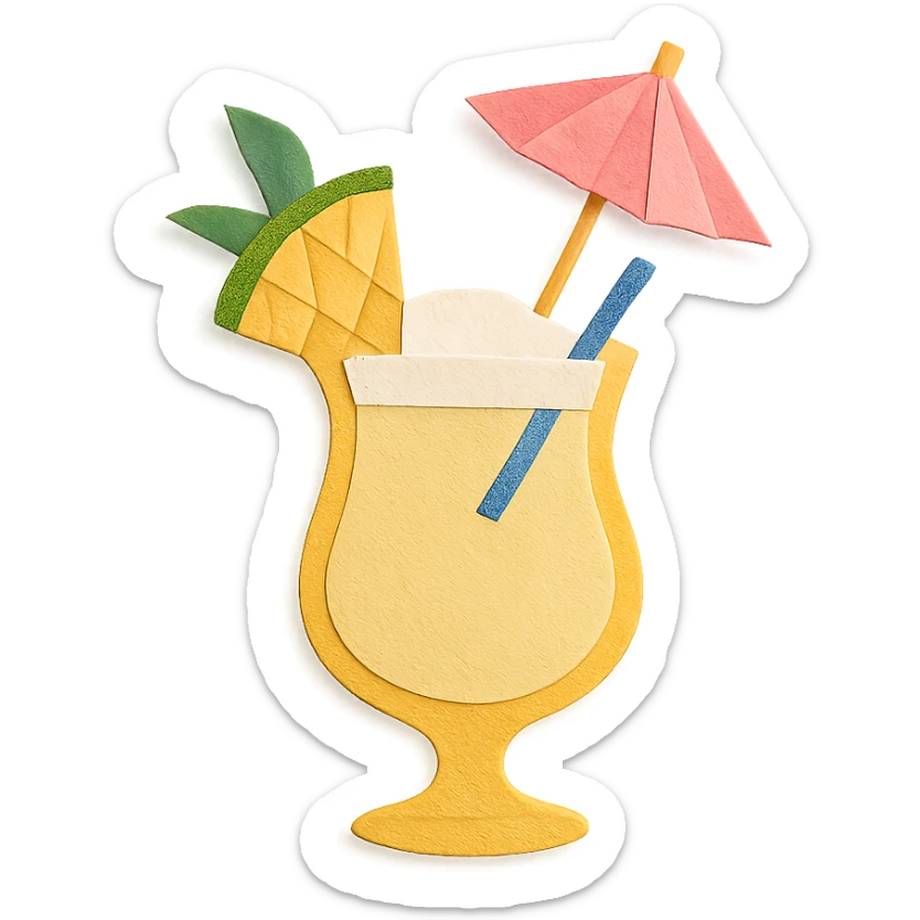 pina colada cocktail with a paper umbrella and pineapple garnish in paper-craft style sticker