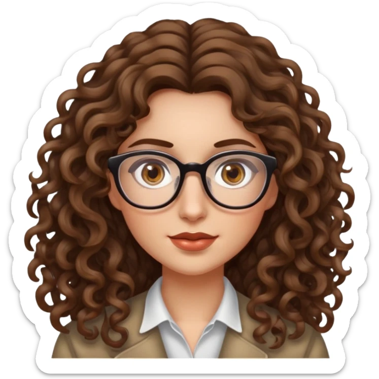 heavy, woman, long curly highlighted brown hair, very fair skin, feminine, hazel eyes, glasses sticker