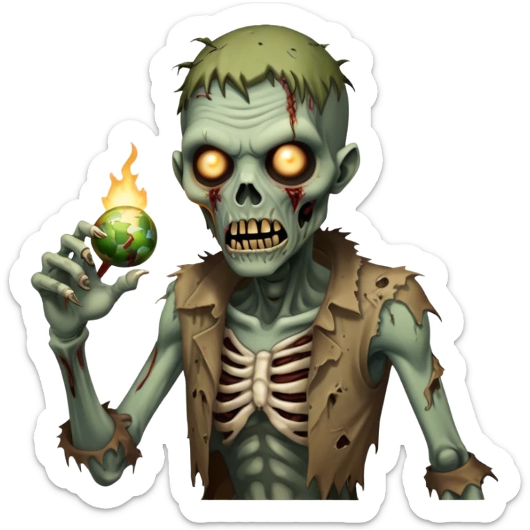 Cinematic Realistic WoW undead friendly zombie Portrait, captured in a fierce, battle-ready stance, muscles taut beneath his tattered, earth-toned attire. His decayed, pallid skin and glowing eyes are rendered with intense lifelike detail and dynamic lighting, high shine, embodying the raw, relentless fury of an undead friendly zombie in the heat of combat. sticker