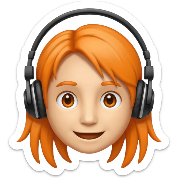 Orange happy face emoji with a couple of hair,headphones,and antennas. sticker