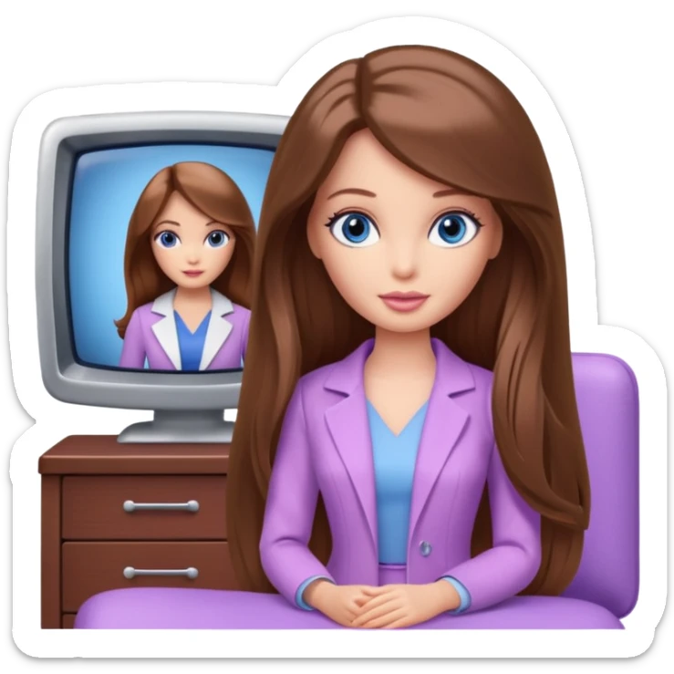 beautiful barbie girl with long brown hair, blue eyes and wearing light purple clothes watching tv show doctor who sticker