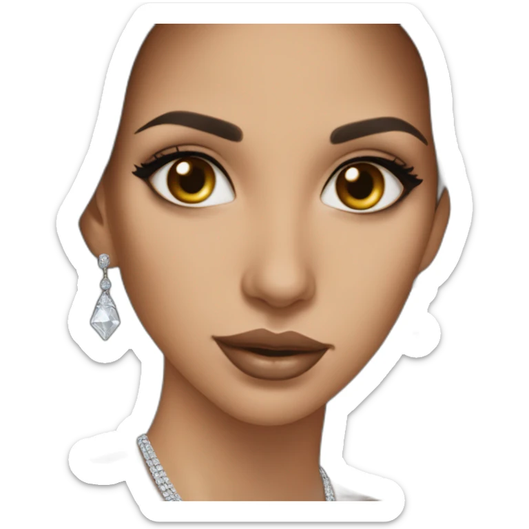 beautiful brunette arabian girl with smooth skin long hair beige lipstick wearing low neck dress with a diamond necklace sticker