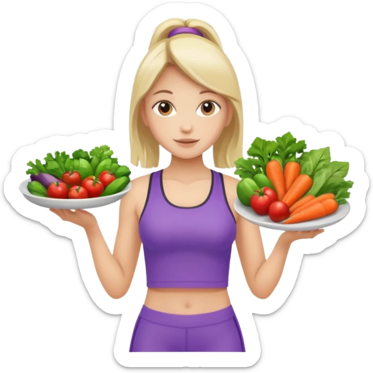 girl in sport clothes which give us the plate with vegetables sticker