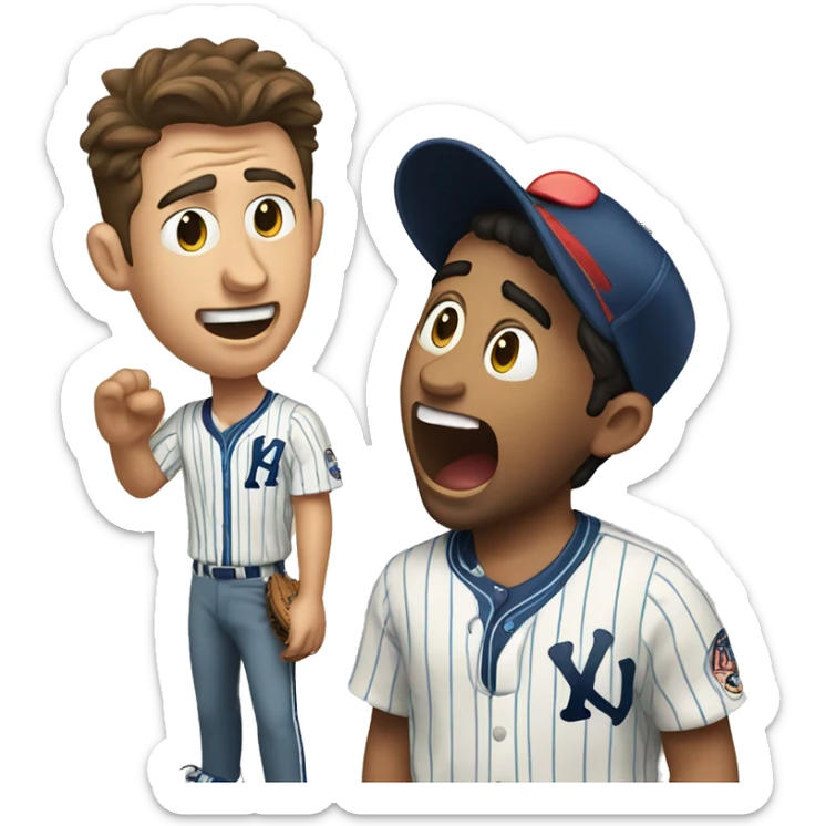 Man with brown hair wearing a hawaiian shirt yelling at a Latino baseball player wearing pinstripes  sticker