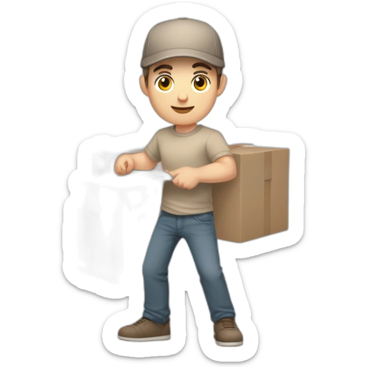 Pale skinned fit Man with dark brown hair in a beige cap, gray jeans and brown polo T-shirt keeping a pasted with tape white box into his hands sticker