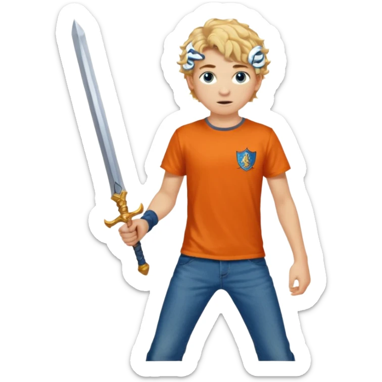 20 year old boy with curly blond hair and blue eyes with freckles wearing an orange no blue “Camp Halfblood” tshirt with the official percy jackson camp halfblood logo on it and blue jeans have him swinging a gold sword  sticker