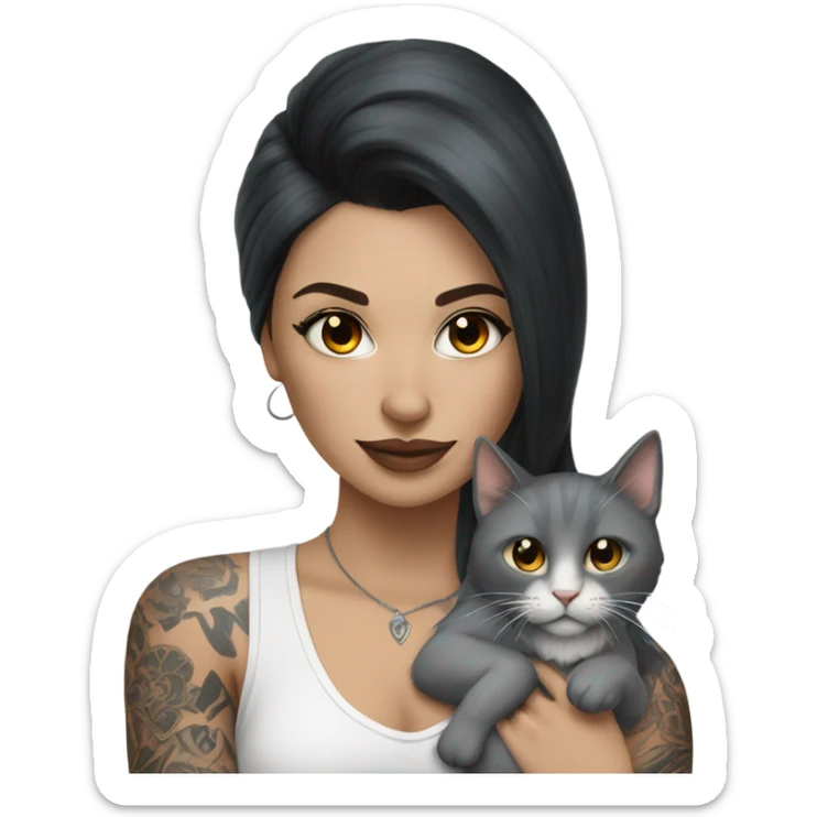 Beautiful dark haired tattooed woman holding gray and white long hair cat sticker