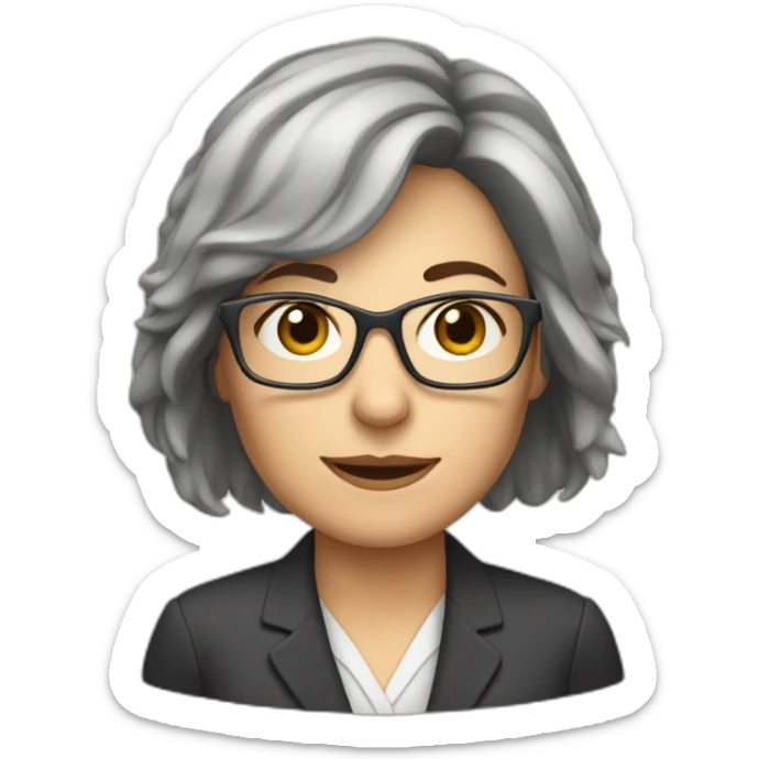 middle-aged accounting woman with brown midhair, a frindge and glasses sticker