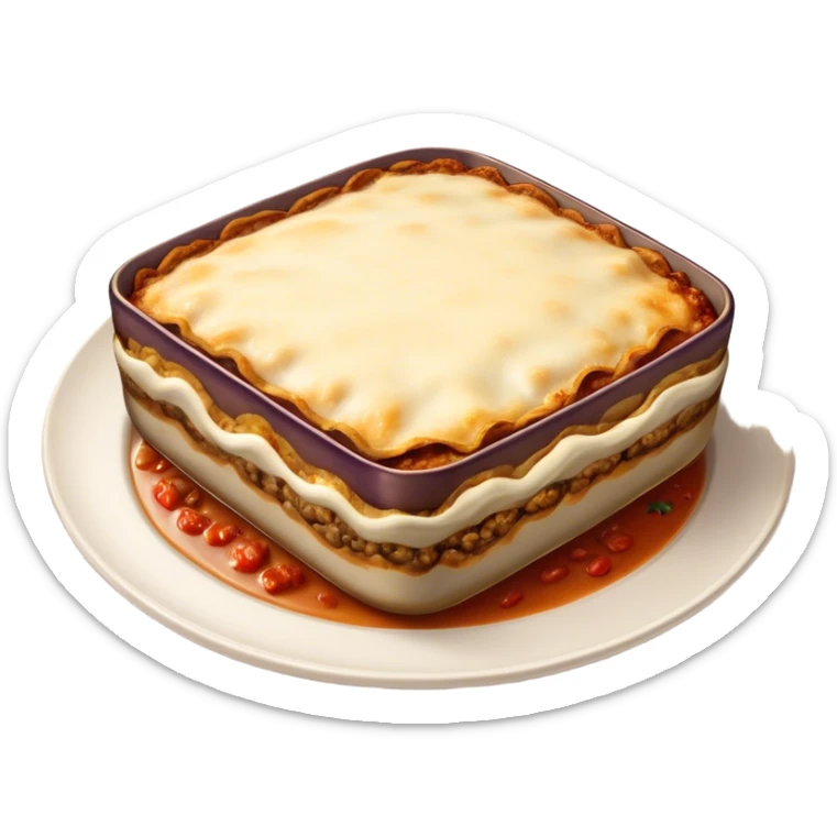 Cinematic Realistic Moussaka Dish Emoji, depicted with layers of eggplant, minced meat, and b√©chamel sauce rendered with rich textures and warm, inviting lighting that captures its Mediterranean flavor. sticker