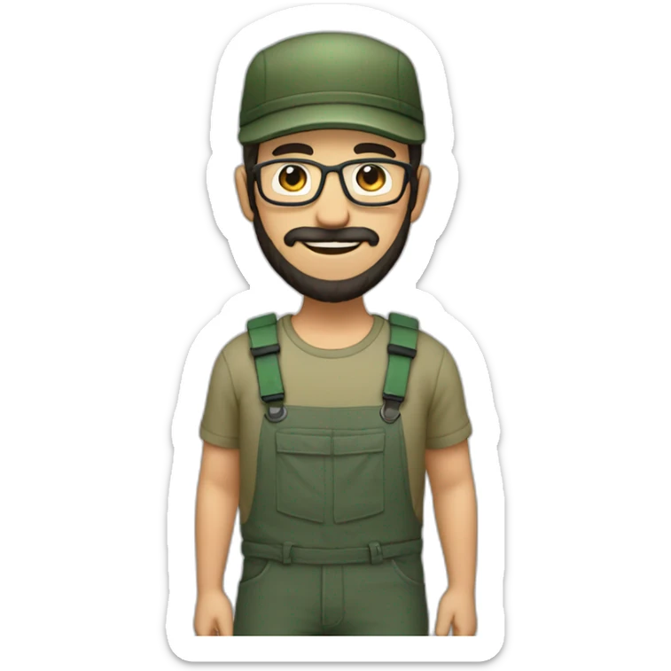 full body of an happy gardener face long dark beard and short dark hair with little transparent glasses and a army cap sticker