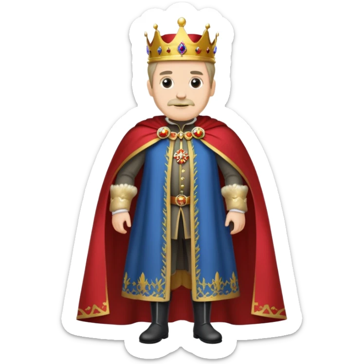 Full body of Carlos I of Spain, Habsburg king standing in royal attire with crown, cape, and prominent jaw sticker