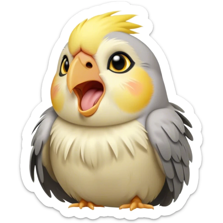 Cinematic Cute Yawning Cockatiel Portrait Emoji, Head tilted slightly with a dramatic, wide-open yawn, showcasing a soft grey fur with subtle yellow accents and gently drooping crest feathers, round dark eyes barely open in drowsy contentment, Simplified yet irresistibly adorable features, highly detailed, glowing with a soft, cozy glow, high shine, relaxed yet expressive, stylized with a touch of whimsy, bright and endearing, soft glowing outline, capturing the essence of a sleepy yet affectionate cockatiel, so drowsy it feels like it could stretch out of the screen and curl up for a nap! sticker