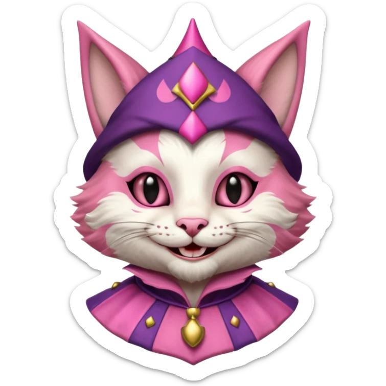 court jester cat medieval, single poker card joker clearly visible, pink, face only sticker