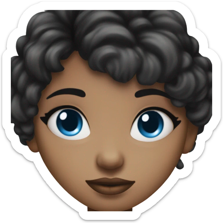 Black hair female with blue eyes nose ring on the left side of face bangs big lips with long eyelashes sticker