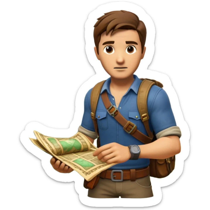 An icon representing an adventure game, inspired by titles like Uncharted 4. The design features a rugged explorer navigating through ancient ruins, with treasure maps and mysterious artifacts. A dynamic background of lush landscapes and perilous terrain highlights. Transparent background sticker